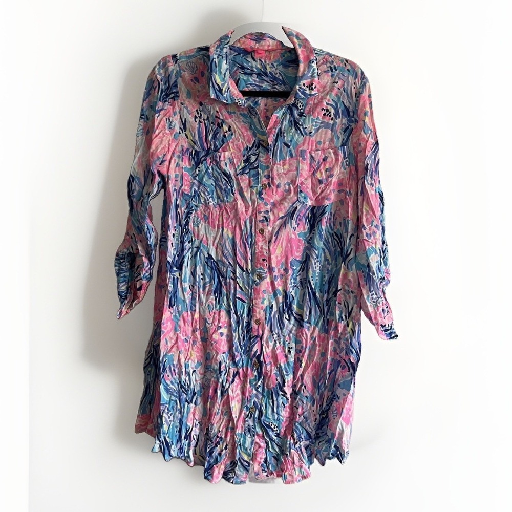 Lilly Pulitzer‎ Dress Womens Large Multicolor Tropical Shirt Dress 3/4 Sleeve
